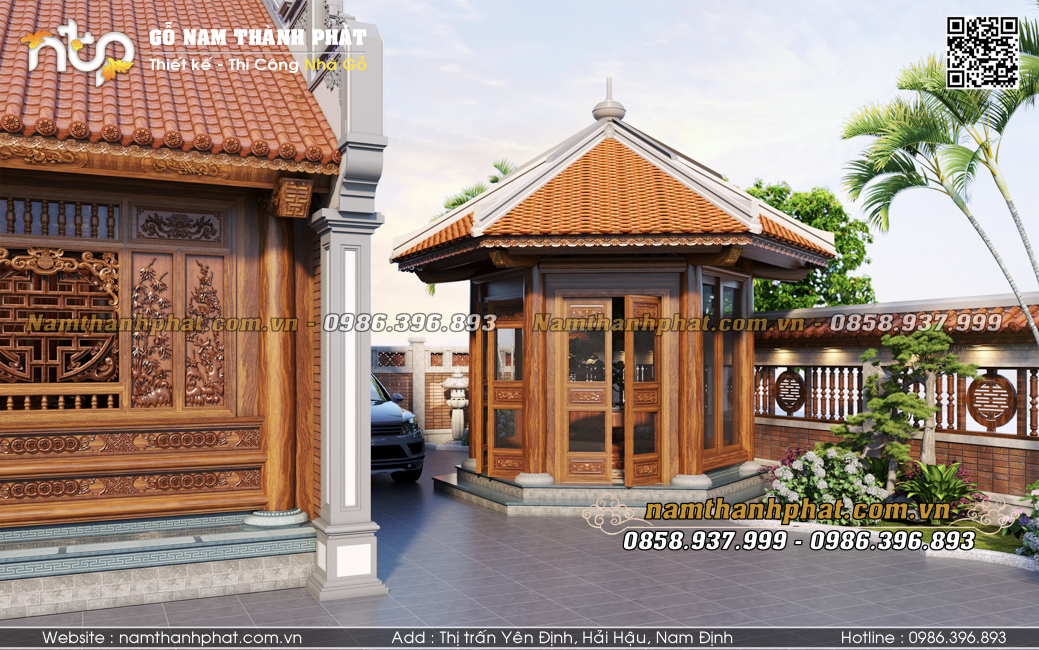 Lầu lục giác trong khuôn viên nhà gỗ 5 gian 2 buồng lồi